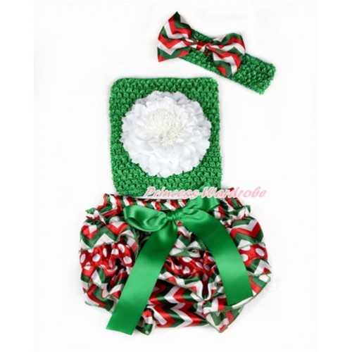 Xmas Kelly Green Bow Red White Green Wave Minnie Dots Satin Bloomer ,White Peony Kelly Green Crochet Tube Top,Kelly Green Headband Red White Green Wave Satin Bow 3PC Set CT655 