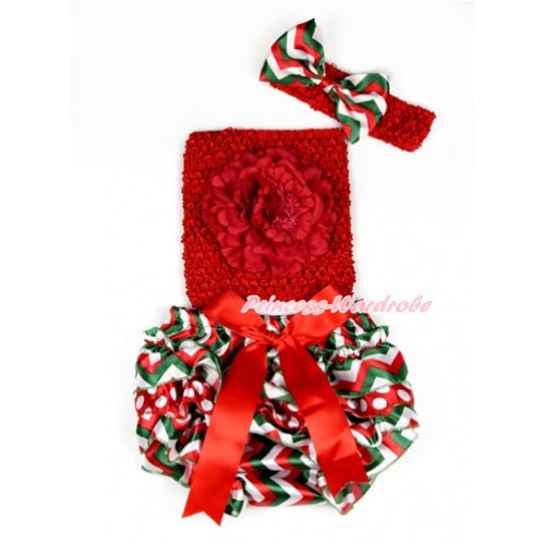 Xmas Red Bow Red White Green Wave Minnie Dots Satin Bloomer ,Red Peony Red Crochet Tube Top,Red Headband Red White Green Wave Satin Bow 3PC Set CT656 