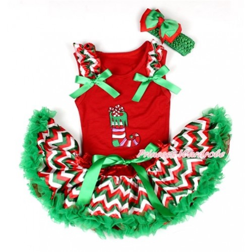 Xmas Red Baby Pettitop with Christmas Stocking Print with Red White Green Wave Ruffles & Kelly Green Bow with Red White Green Wave Newborn Pettiskirt NG1258 