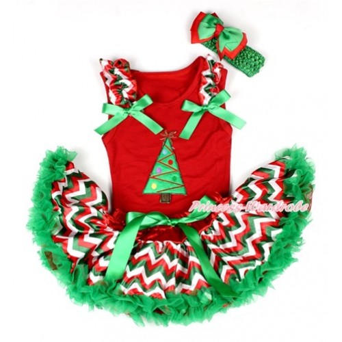 Xmas Red Baby Pettitop with Christmas Tree Print with Red White Green Wave Ruffles & Kelly Green Bow with Red White Green Wave Newborn Pettiskirt NG1259 