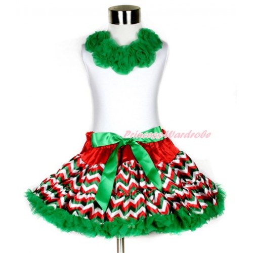 Xmas White Tank Top with Kelly Green Rosettes & Red White Green Wave Pettiskirt MG793 