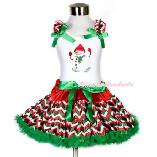 Xmas White Tank Top with Ice-Skating Snowman Print with Red White Green Wave Ruffles & Kelly Green Bow & Red White Green Wave Pettiskirt MG796 