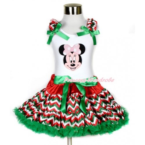 Xmas White Tank Top with Light Pink Minnie Print with Red White Green Wave Ruffles & Kelly Green Bow & Red White Green Wave Pettiskirt MG798 