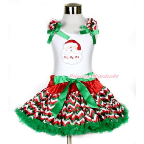 Xmas White Tank Top with Santa Claus Print with Red White Green Wave Ruffles & Kelly Green Bow & Red White Green Wave Pettiskirt MG799 