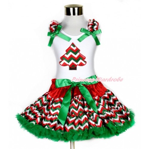 Xmas White Tank Top with Red White Green Wave Christmas Tree Print with Red White Green Wave Ruffles & Kelly Green Bow & Red White Green Wave Pettiskirt MG803 