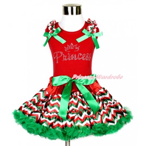 Xmas Red Tank Top with Sparkle Crystal Bling Princess Print with Red White Green Wave Ruffles & Kelly Green Bow & Red White Green Wave Pettiskirt CM149 