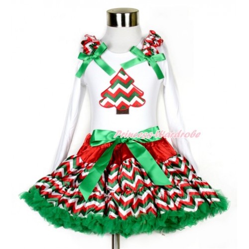 Xmas Red White Green Wave Pettiskirt with Red White Green Wave Christmas Tree Print White Long Sleeve Top with Red White Green Wave Ruffles and Kelly Green Bow MW352 