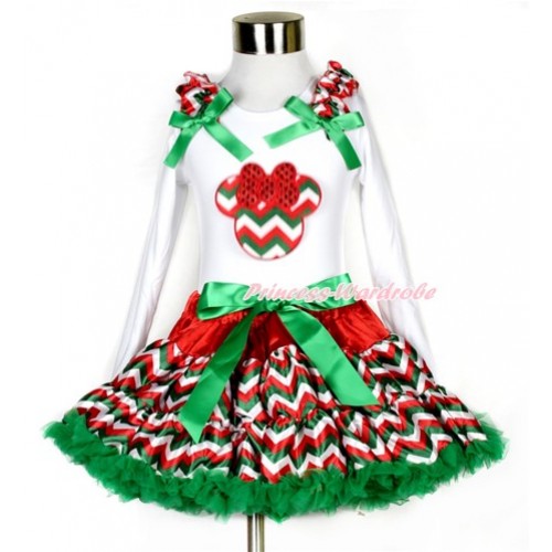 Xmas Red White Green Wave Pettiskirt with Red White Green Wave Minnie Print White Long Sleeve Top with Red White Green Wave Ruffles and Kelly Green Bow MW353 