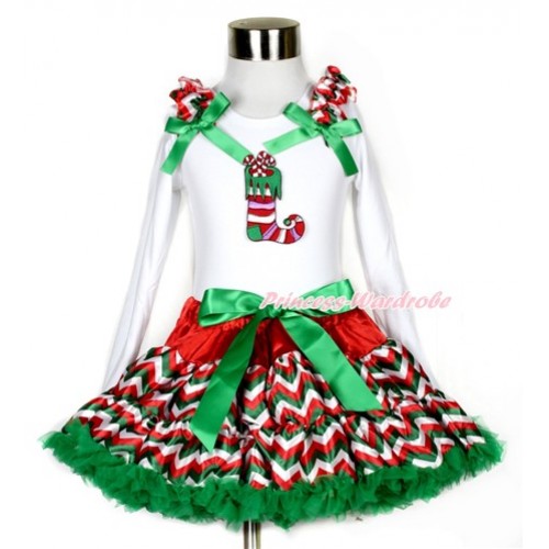 Xmas Red White Green Wave Pettiskirt with Christmas Stocking Print White Long Sleeve Top with Red White Green Wave Ruffles and Kelly Green Bow MW354 