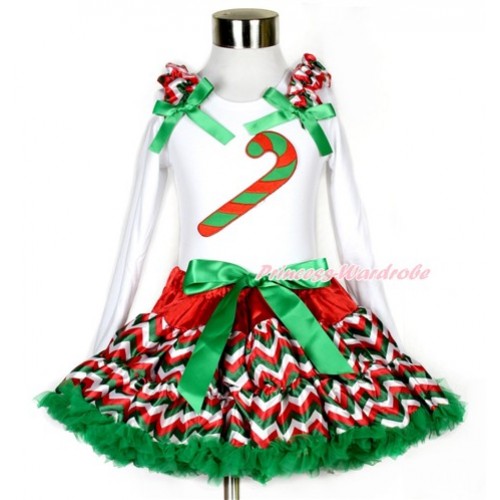 Xmas Red White Green Wave Pettiskirt with Christmas Stick Print White Long Sleeve Top with Red White Green Wave Ruffles and Kelly Green Bow MW355 