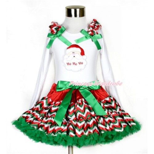 Xmas Red White Green Wave Pettiskirt with Santa Claus Print White Long Sleeve Top with Red White Green Wave Ruffles and Kelly Green Bow MW356 