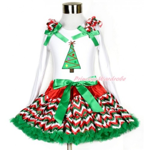 Xmas Red White Green Wave Pettiskirt with Christmas Tree Print White Long Sleeve Top with Red White Green Wave Ruffles and Kelly Green Bow MW358 