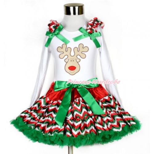 Xmas Red White Green Wave Pettiskirt with Christmas Reindeer Print White Long Sleeve Top with Red White Green Wave Ruffles and Kelly Green Bow MW359 