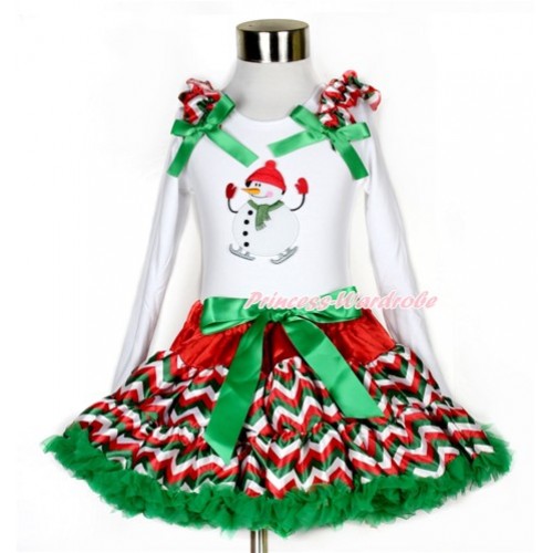 Xmas Red White Green Wave Pettiskirt with Ice-Skating Snowman Print White Long Sleeve Top with Red White Green Wave Ruffles and Kelly Green Bow MW360 