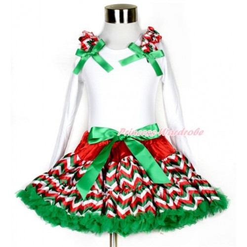 Xmas Red White Green Wave Pettiskirt with Matching White Long Sleeve Top with Red White Green Wave Ruffles & Kelly Green Bow MW351 