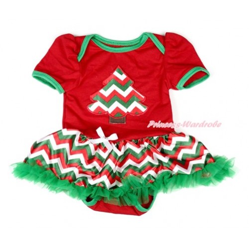 Xmas Red Baby Bodysuit Jumpsuit Red White Green Wave Pettiskirt with Red White Green Wave Christmas Tree Print JS1850 