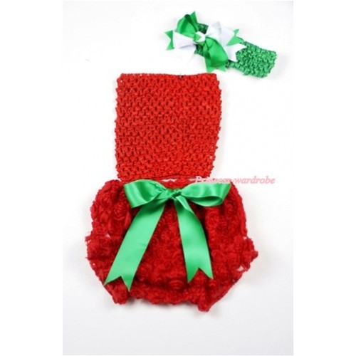 Red Rose Panties Bloomers with Red Crochet Tube Top and Green White Bow Green Headband 3PC Set CT449 