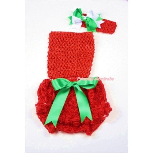 Red Rose Panties Bloomers with Red Crochet Tube Top and Green White Bow Red Headband 3PC Set CT450 