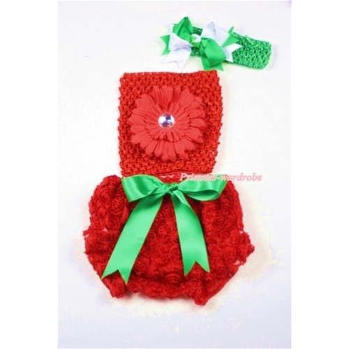 Red Rose Panties Bloomers with Red Flower Red Crochet Tube Top and Green White Bow Green Headband 3PC Set CT452 
