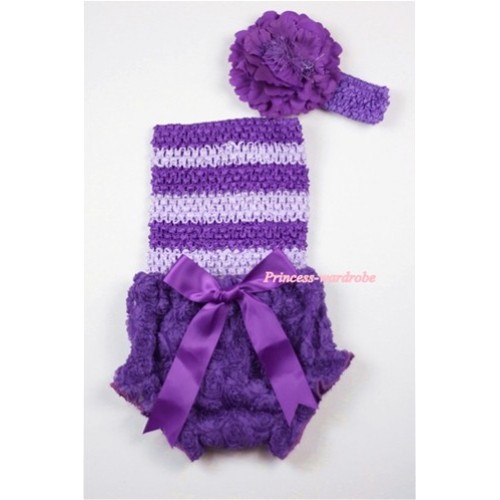 Dark Purple Rose Panties Bloomers with Dark Purple Light Purple Crochet Tube Top and Purple Peony Purple Headband 3PC Set CT453 
