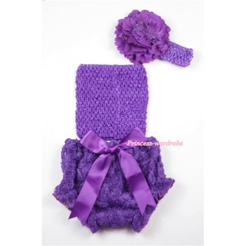 Dark Purple Rose Panties Bloomers with Dark Purple Crochet Tube Top and Purple Peony Purple Headband 3PC Set CT455 