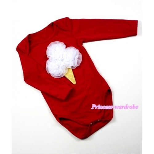 Hot Red Long Sleeve Baby Jumpsuit with White Rosettes Ice Cream Print LS150 