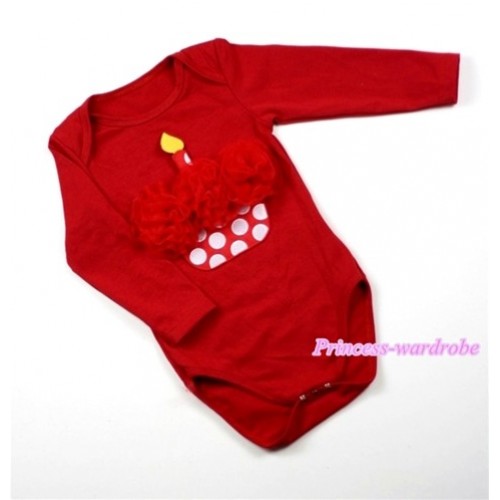 Hot Red Long Sleeve Baby Jumpsuit with Wine Red Rosettes Minnie Dots Birthday Cake Print LS155 