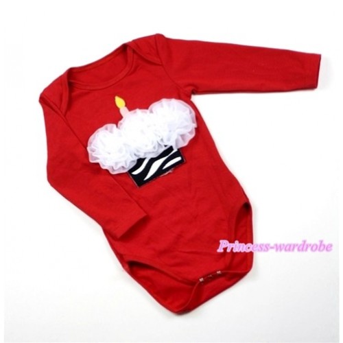 Hot Red Long Sleeve Baby Jumpsuit with White Rosettes Zebra Birthday Cake Print LS157 