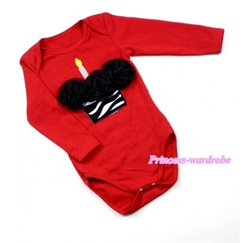 Hot Red Long Sleeve Baby Jumpsuit with Black Rosettes Zebra Birthday Cake Print LS158 