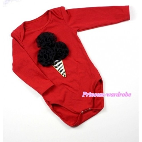 Hot Red Long Sleeve Baby Jumpsuit with Black Rosettes Zebra Ice Cream Print LS165 