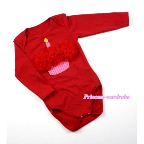 Hot Red Long Sleeve Baby Jumpsuit with Red Rosettes Birthday Cake Print LS168 