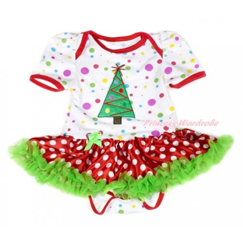 Xmas White Rainbow Dots Baby Jumpsuit Dark Green Minnie Dots Pettiskirt with Christmas Tree Print JS1872 