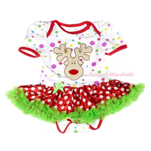 Xmas White Rainbow Dots Baby Jumpsuit Dark Green Minnie Dots Pettiskirt with Christmas Reindeer Print JS1877 