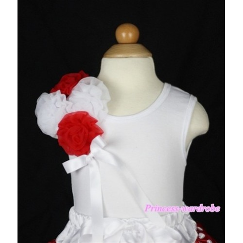 White Tank Top with Bunch of Red White Roses and White Bow TB252 