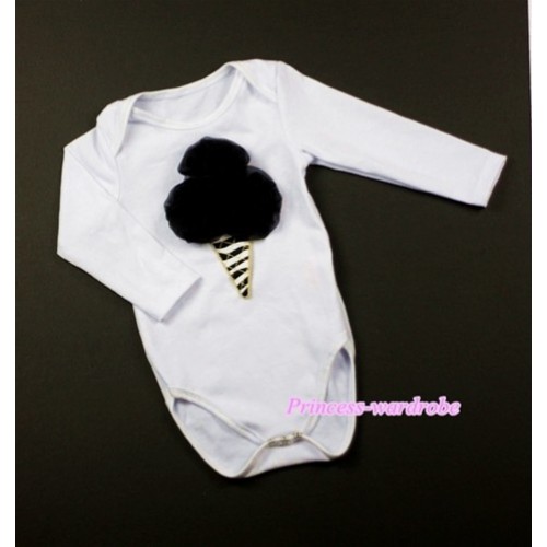 White Long Sleeve Baby Jumpsuit with Black Rosettes Zebra Ice Cream Print LS179 