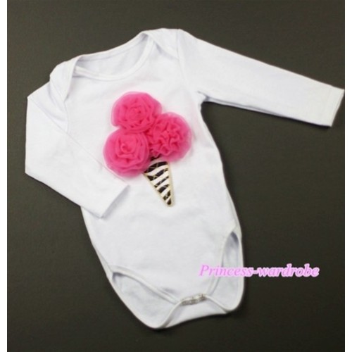 White Long Sleeve Baby Jumpsuit with Hot Pink Rosettes Zebra Ice Cream Print LS182 