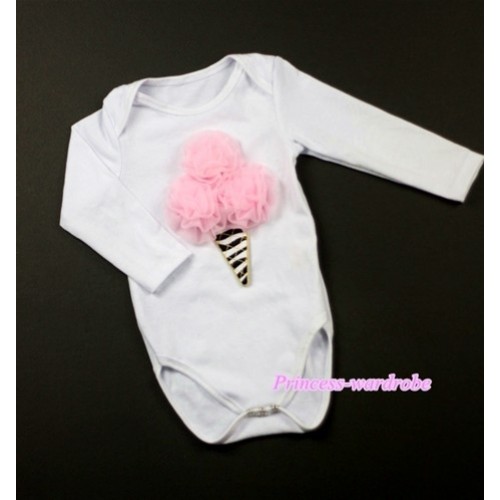 White Long Sleeve Baby Jumpsuit with Light Pink Rosettes Zebra Ice Cream Print LS183 