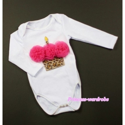 White Long Sleeve Baby Jumpsuit with Hot Pink Rosettes Leopard Bithday Cake Print LS185 