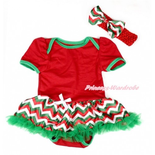 Xmas Red Baby Bodysuit Jumpsuit Red White Green Wave Pettiskirt With Red Headband Red White Green Wave Satin Bow JS1894 