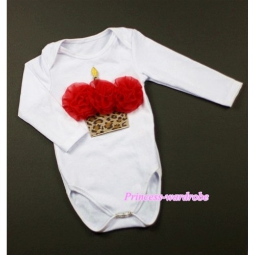 White Long Sleeve Baby Jumpsuit with Red Rosettes Leopard Bithday Cake Print LS187 