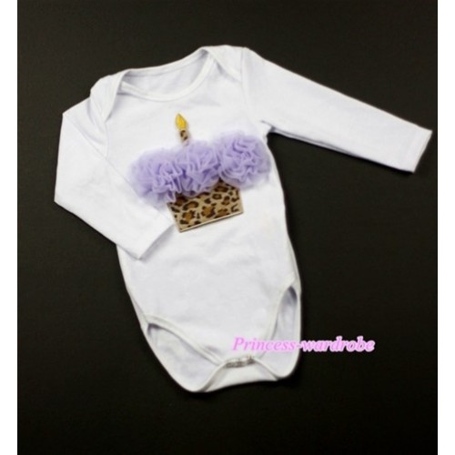White Long Sleeve Baby Jumpsuit with Lavender Rosettes Leopard Bithday Cake Print LS189 