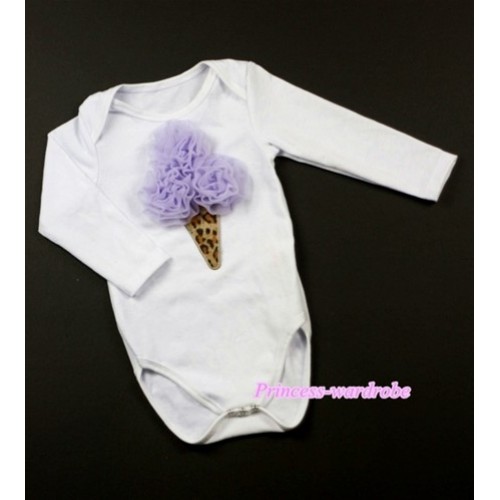White Long Sleeve Baby Jumpsuit with Lavender Rosettes Leopard Ice Cream Print LS190 