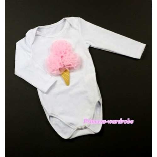 White Long Sleeve Baby Jumpsuit with Light Pink Ice Cream Print LS196 