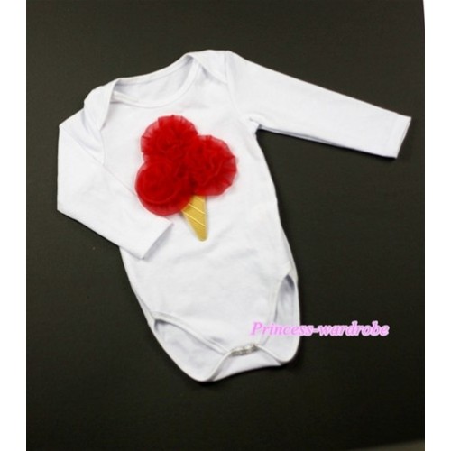 White Long Sleeve Baby Jumpsuit with Red Rosettes Ice Cream Print LS199 