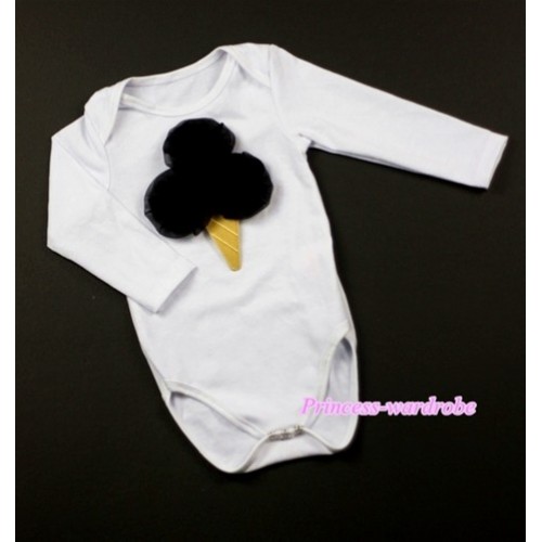 White Long Sleeve Baby Jumpsuit with Black Rosettes Ice Cream Print LS200 