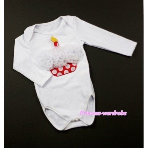 White Long Sleeve Baby Jumpsuit with White Rosettes Minnie Dots Birthday Cake Print LS202 