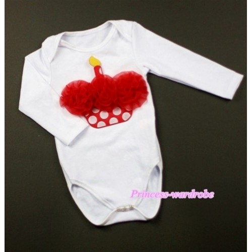 White Long Sleeve Baby Jumpsuit with Red Rosettes Minnie Dots Birthday Cake Print LS203 