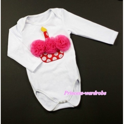 White Long Sleeve Baby Jumpsuit with Hot Pink Rosettes Minnie Dots Birthday Cake Print LS205 