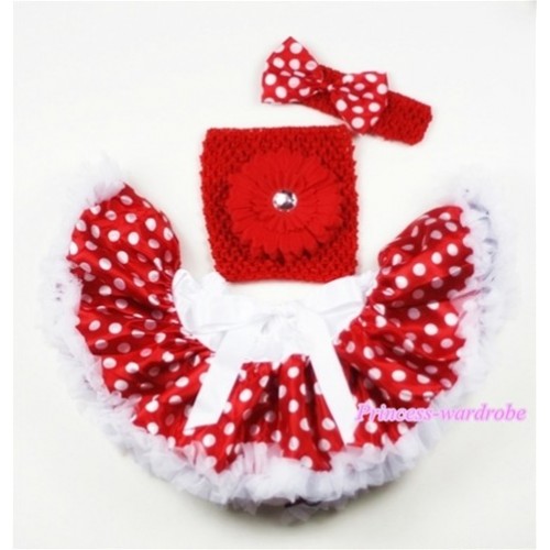 Minnie Polka Dots Baby Pettiskirt,Red Flower Red Crochet Tube Top,Red Headband Minnie Dots Bow 3PC Set CT457 