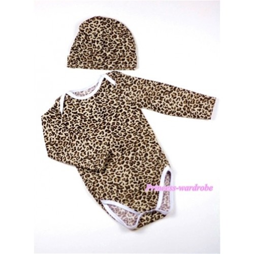 Plain Style Leopard Print Long Sleeve Baby Jumpsuit with Cap Set LH150 